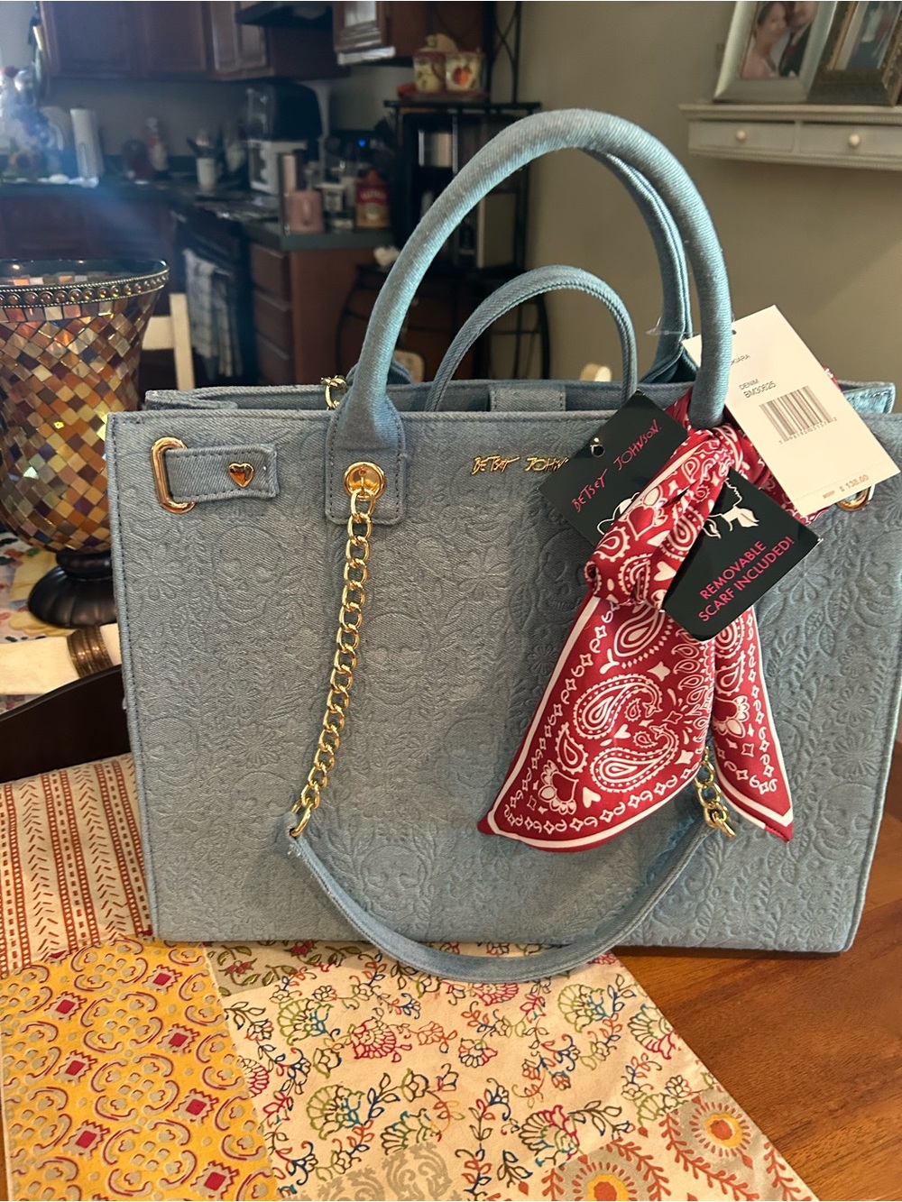Betsey Johnson Light Blue Embossed Satchel with Red Bandana Accent
